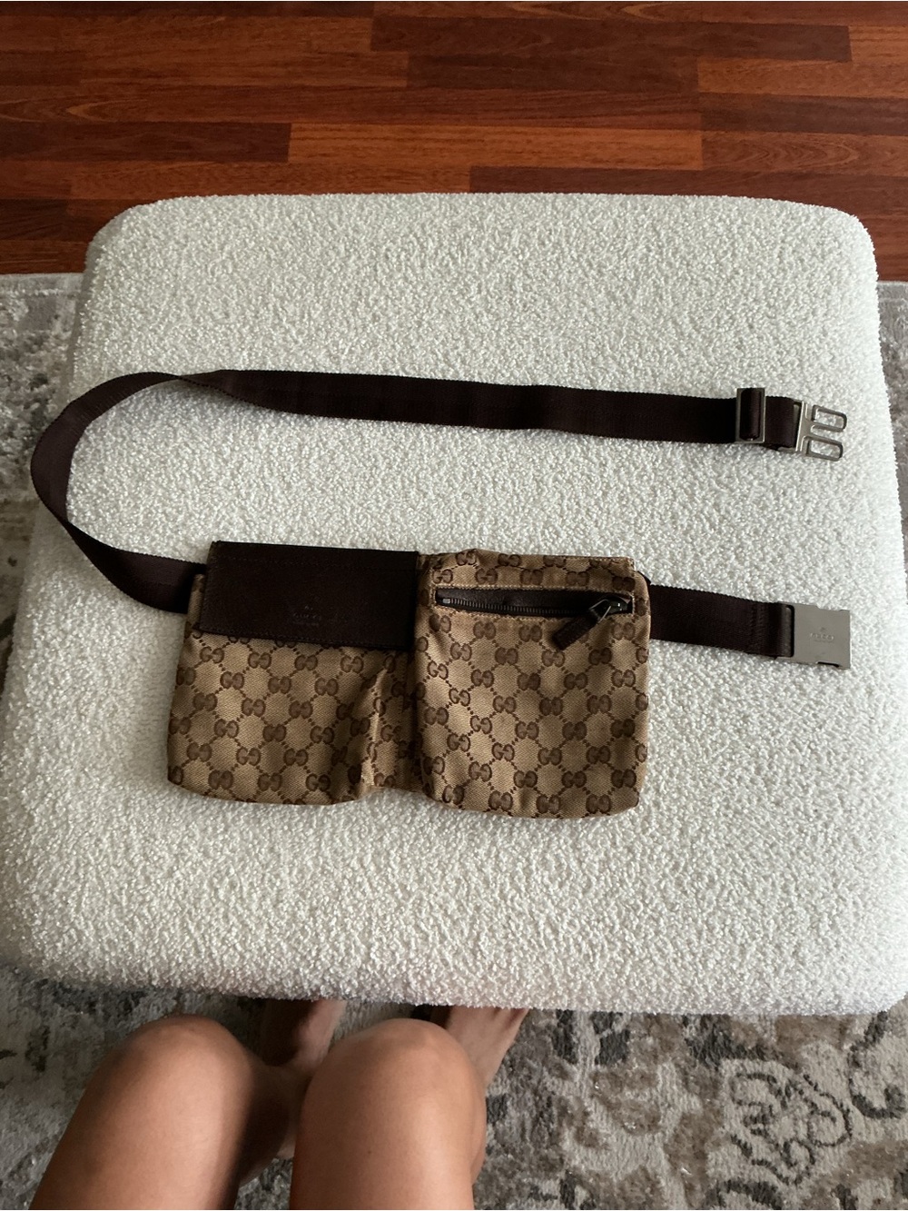 Gucci Beige/Brown GG Canvas Double Pocket Belt Bag